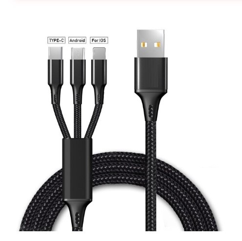 Black Nylon Threaded 3 in 1 Fast Charging USB Cable