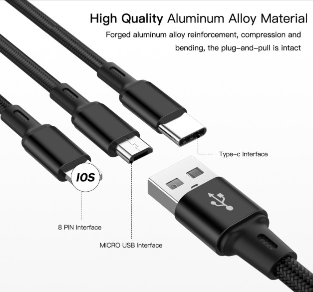 Black Nylon Threaded 3 in 1 Fast Charging USB Cable