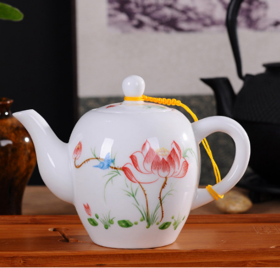 White Porcelain Red Lotus With Leaves Printed Stylish Teapot