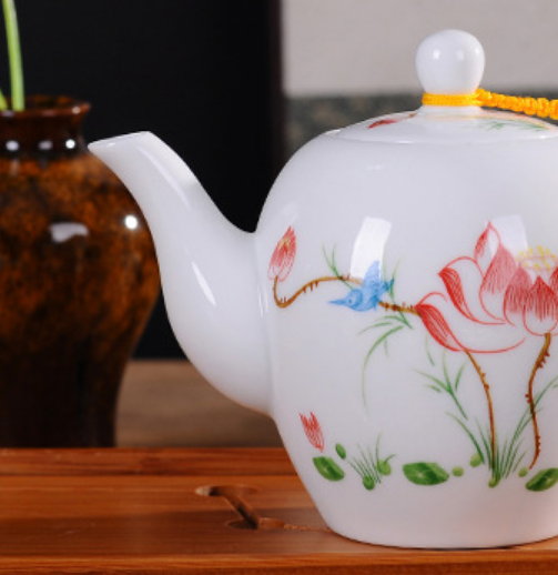 White Porcelain Red Lotus With Leaves Printed Stylish Teapot