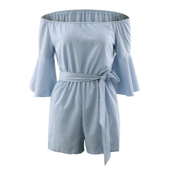 Blue Polyester Off Shoulder Waist Knot Romper Women Dress
