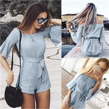Blue Polyester Off Shoulder Waist Knot Romper Women Dress
