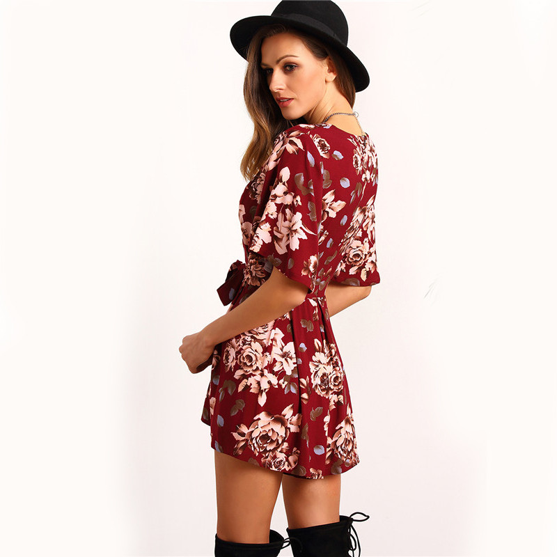 Maroon Polyester Waist Knot Loose Fit Romper Women Dress