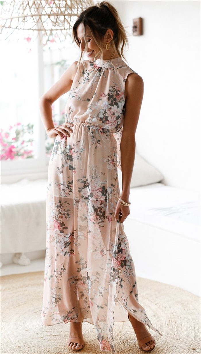 Beige Polyester Floral Print Turtle Neck Long Women Dress