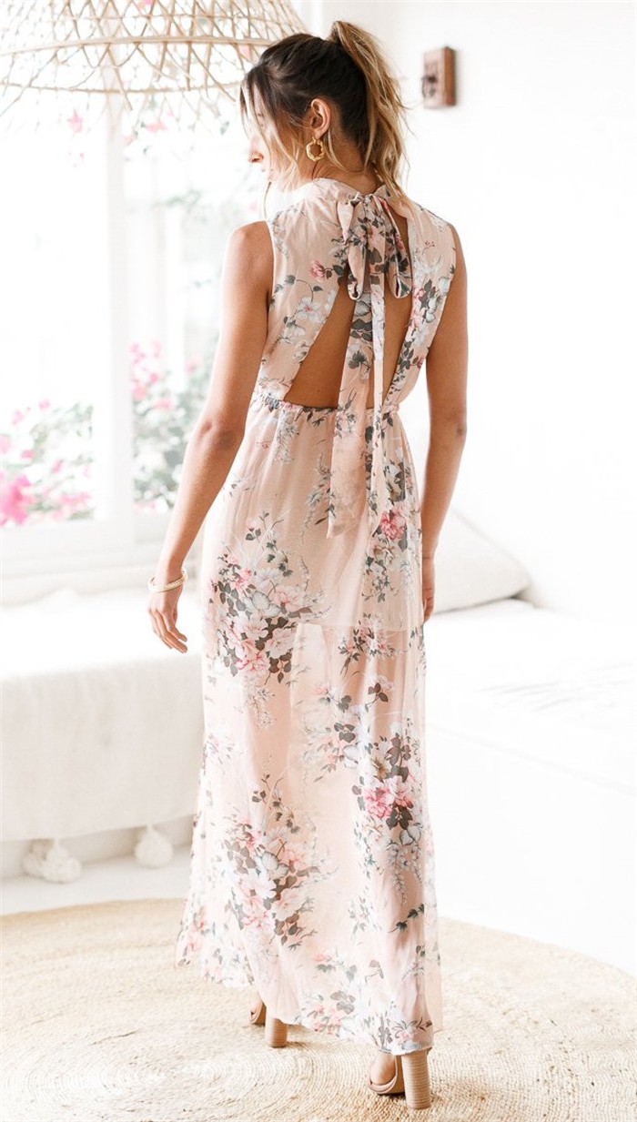 Beige Polyester Floral Print Turtle Neck Long Women Dress