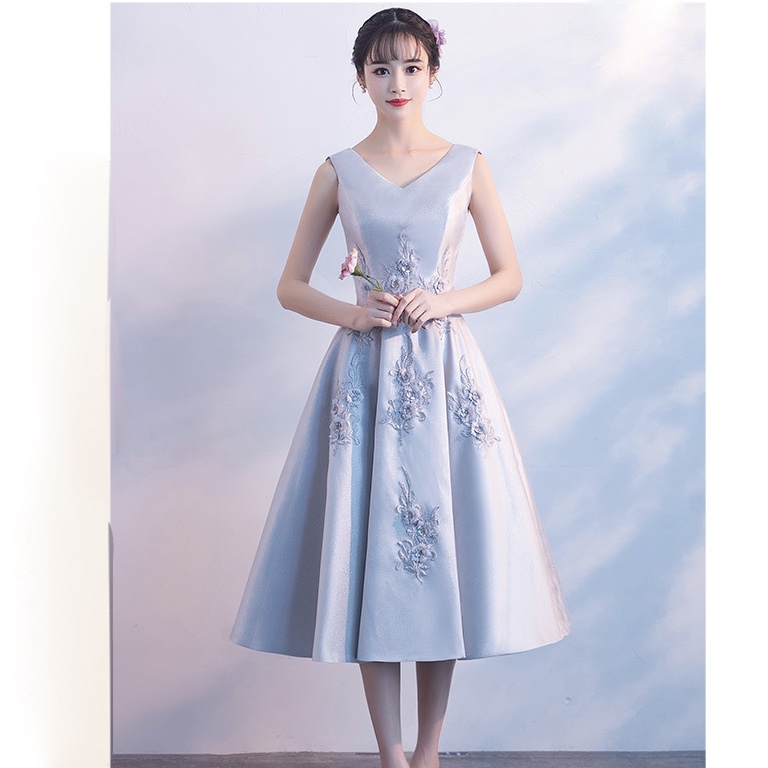 Grey Polyester Sleeveless V Neck Women Dress