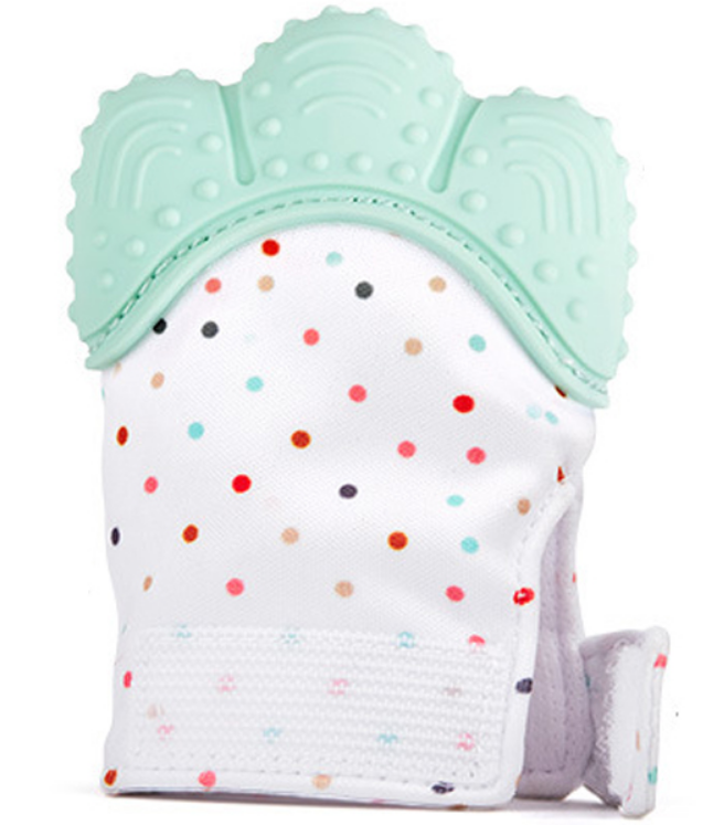 White Silicone Colorful Doted Sound Teething Chew Able Nursing Gloves For Kids
