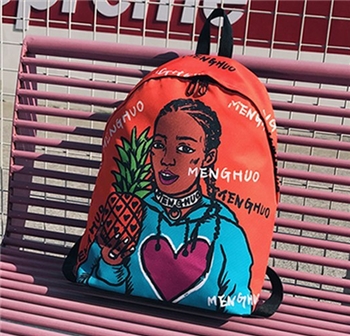 Orange Polyester Girl With Pineapple Print Large Capacity Bag For Women