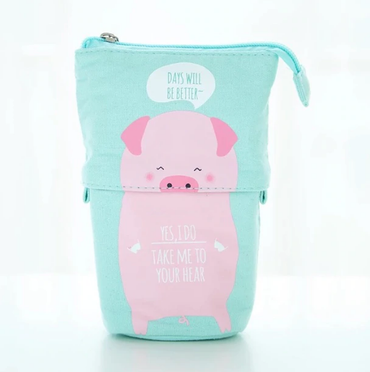 Cute Blue Canvas Pig Zipper Pencil Case