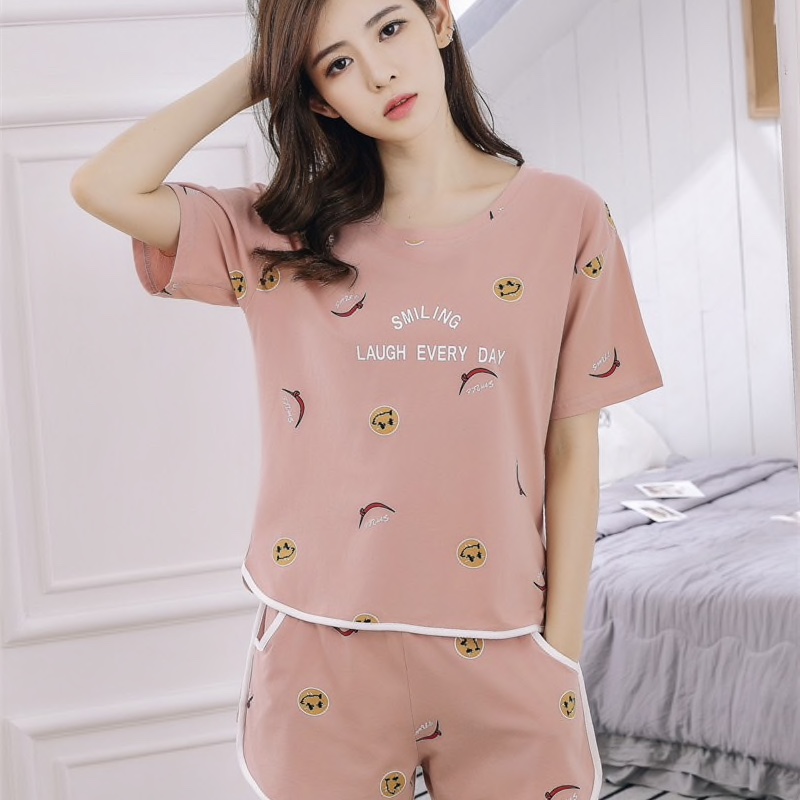 Pink Cotton Smilies Print T-shirt Shorts Nightwear For Women