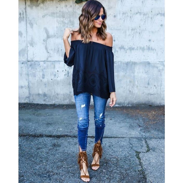 Polyester Off Shoulder Loose Fit Women Top