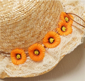 Brown Straw Handmade Sunflower Bucket Hat Roll-Up Cap for Kids 