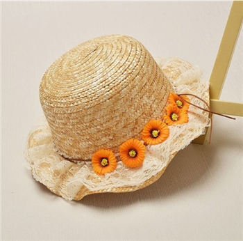 Brown Straw Handmade Sunflower Bucket Hat Roll-Up Cap for Kids 