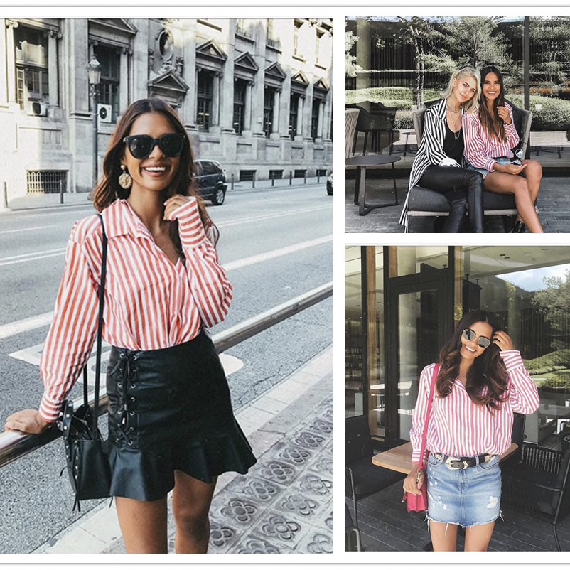 Cotton Stripes Print Collar Neck Women Top