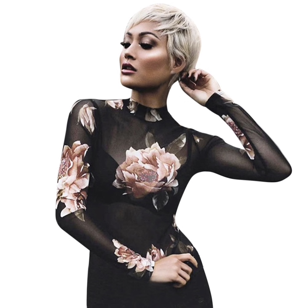 Black Polyester Lilies Printed Turtle Neck Women Top