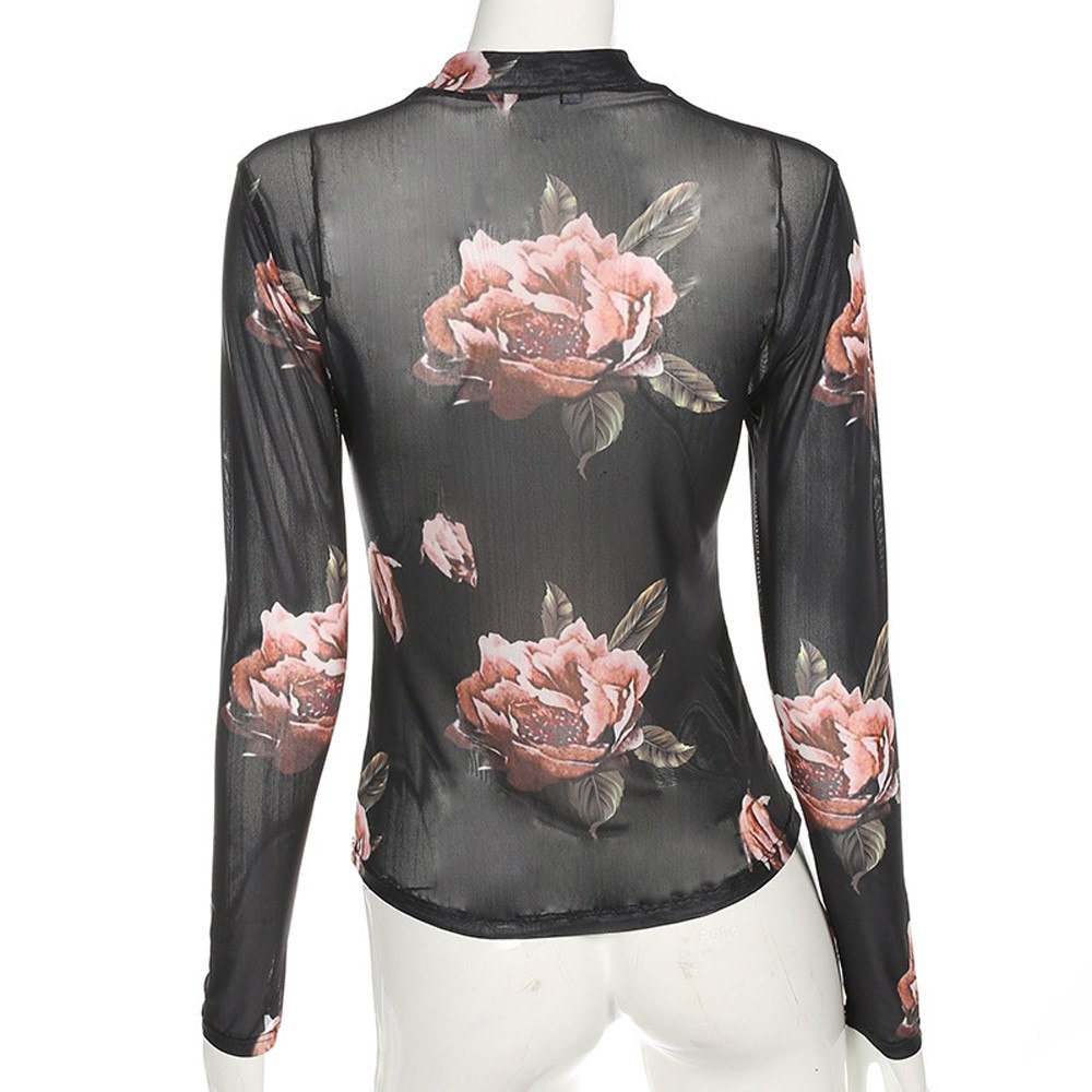 Black Polyester Lilies Printed Turtle Neck Women Top