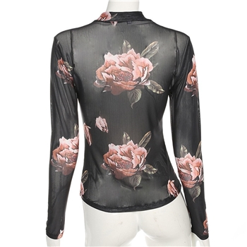 Black Polyester Lilies Printed Turtle Neck Women Top
