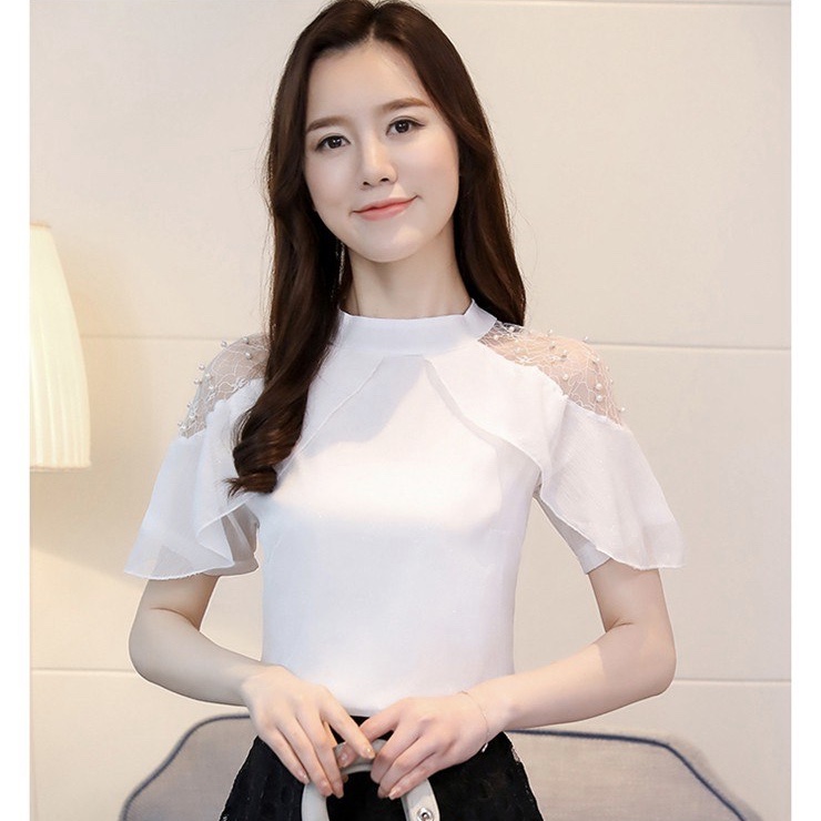 Chiffon Pearls Worked Shoulder Frilled Sleeves Women Top