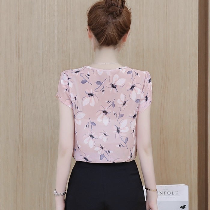 Peach Chiffon Butterflies Print Casual Women Top