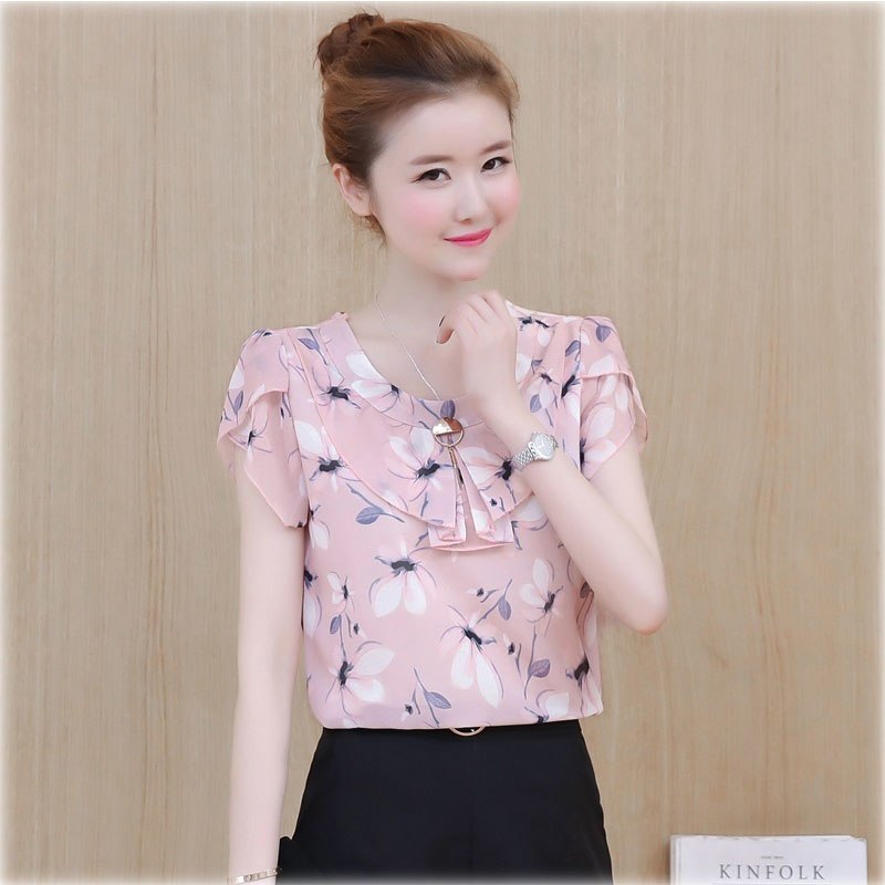 Peach Chiffon Butterflies Print Casual Women Top