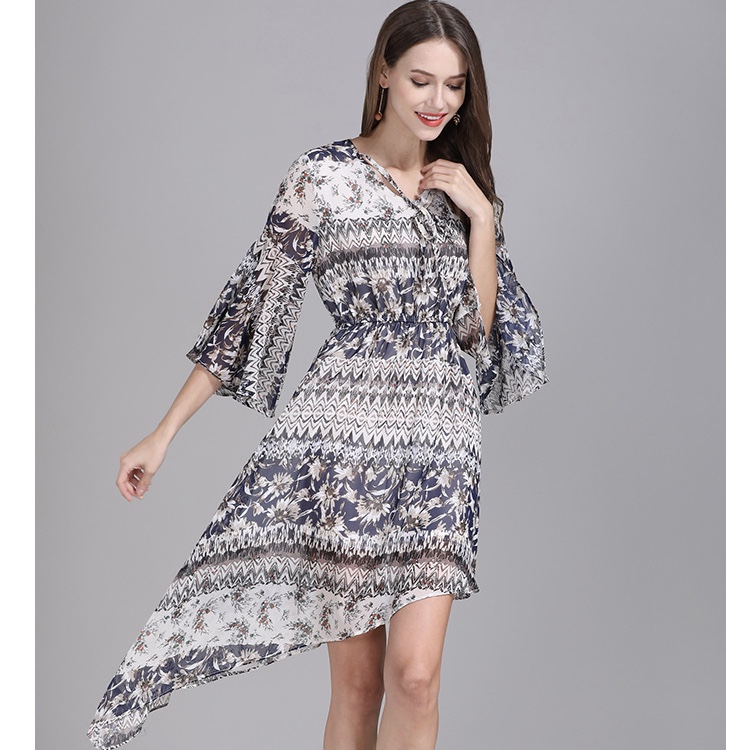 Chiffon Floral Paisley Print Elastic Waist Knee Length Women Dress