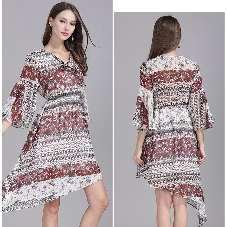 Chiffon Floral Paisley Print Elastic Waist Knee Length Women Dress