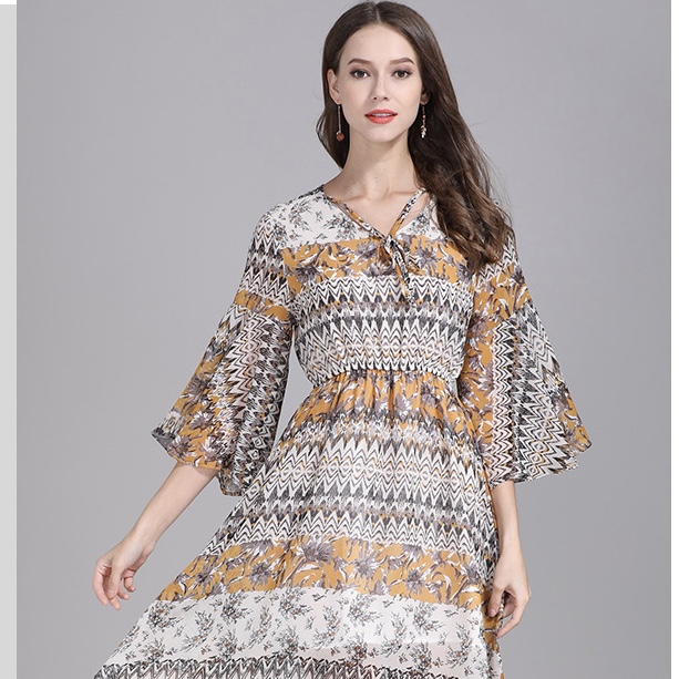 Chiffon Floral Paisley Print Elastic Waist Knee Length Women Dress