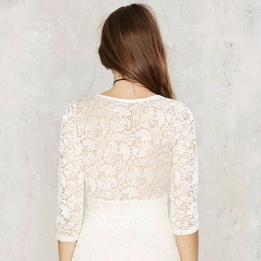 White Polyester Lace Work V Neck Short Women Dress