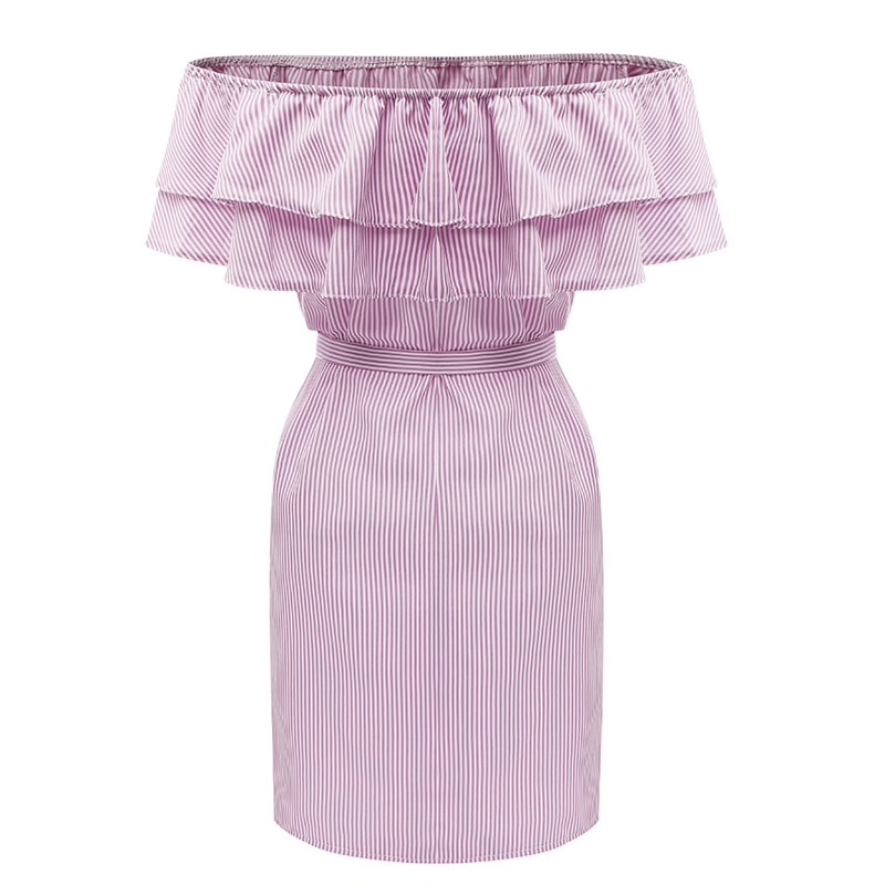 Cotton Stripes Print Off Shoulder Bow Waist Women Dress