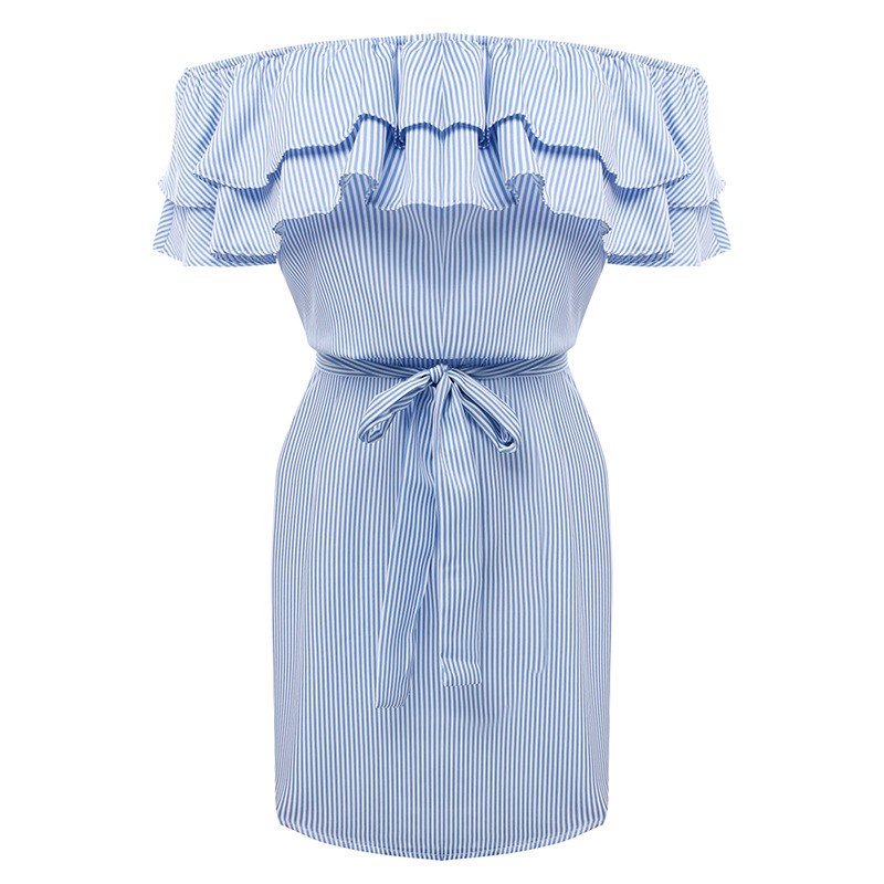 Cotton Stripes Print Off Shoulder Bow Waist Women Dress