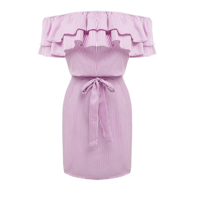 Cotton Stripes Print Off Shoulder Bow Waist Women Dress