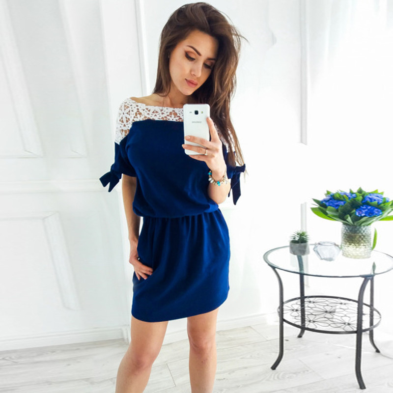 Polyester Floral Lace Work Boat Neck Short Women Dress