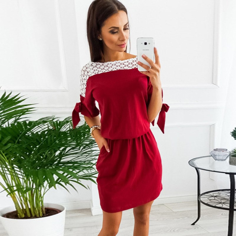 Polyester Floral Lace Work Boat Neck Short Women Dress