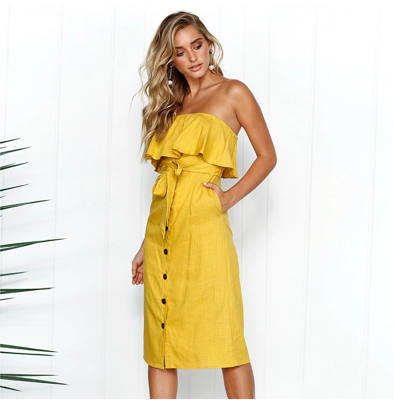 Polyester Off Shoulder Ruffled Calf Length Women Dress