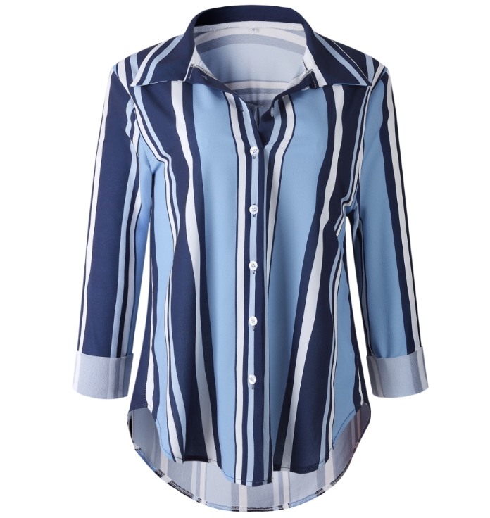 Multi Color Polyester Striped Long Sleeve Casual Turn-Down Collar Top for Women