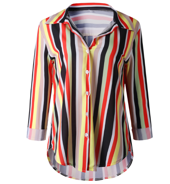 Multi Color Polyester Striped Long Sleeve Casual Turn-Down Collar Top for Women