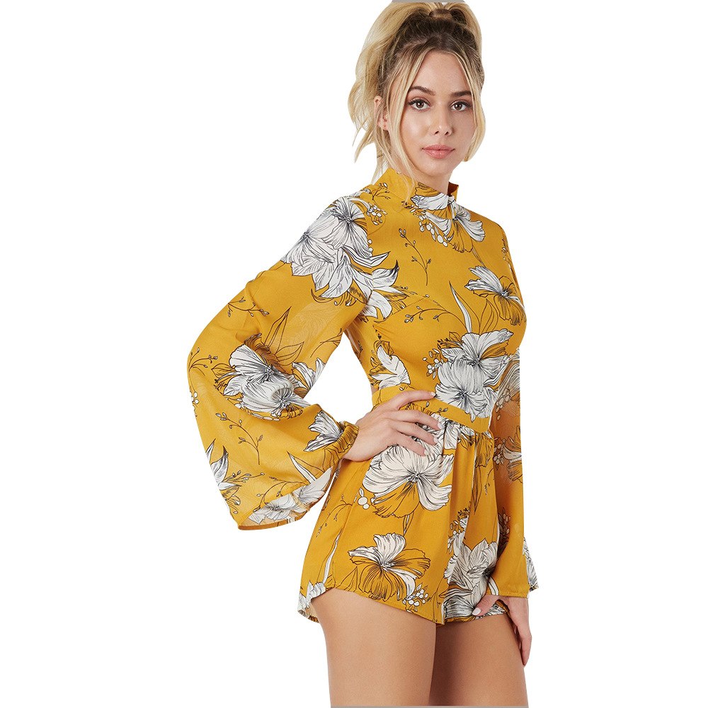 Yellow Polyester Floral Print Backless Romper Women Dress