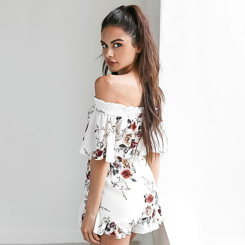White Cotton Floral Print Short Romper Women Dress