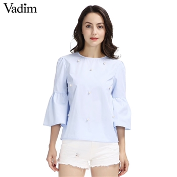 Vadim Blue Cotton Pearls Decorated Casual Women Top