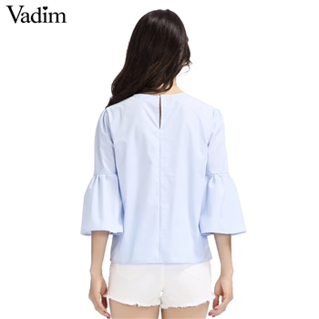 Vadim Blue Cotton Pearls Decorated Casual Women Top