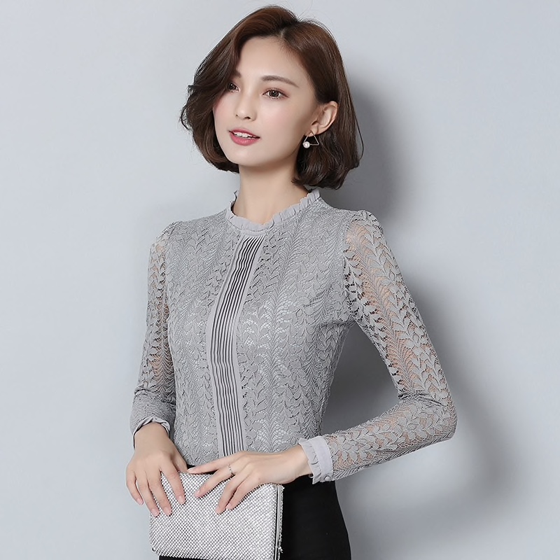 Grey Polyester Lace Patterned Casual Women Top
