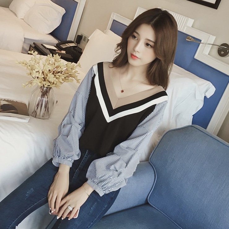 Polyester Stripped Lantern Sleeves Casual Women Top