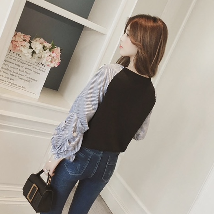 Polyester Stripped Lantern Sleeves Casual Women Top