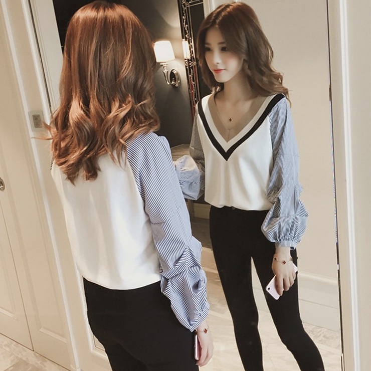 Polyester Stripped Lantern Sleeves Casual Women Top
