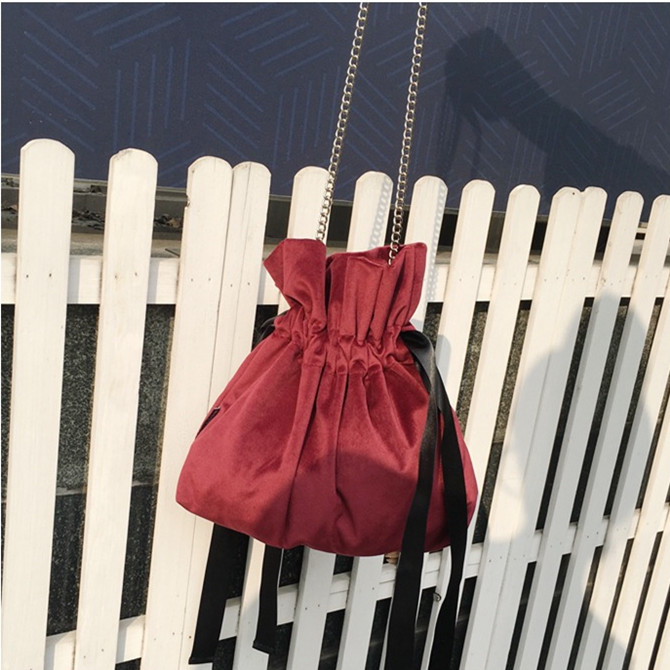 Velour Solid Wild Rope String Closing Chain Strap Messenger Bag for Women