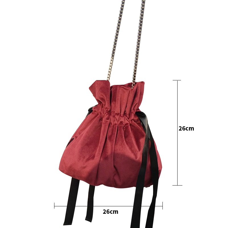 Velour Solid Wild Rope String Closing Chain Strap Messenger Bag for Women