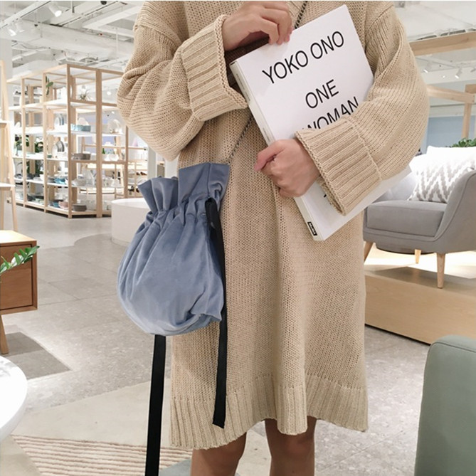 Velour Solid Wild Rope String Closing Chain Strap Messenger Bag for Women