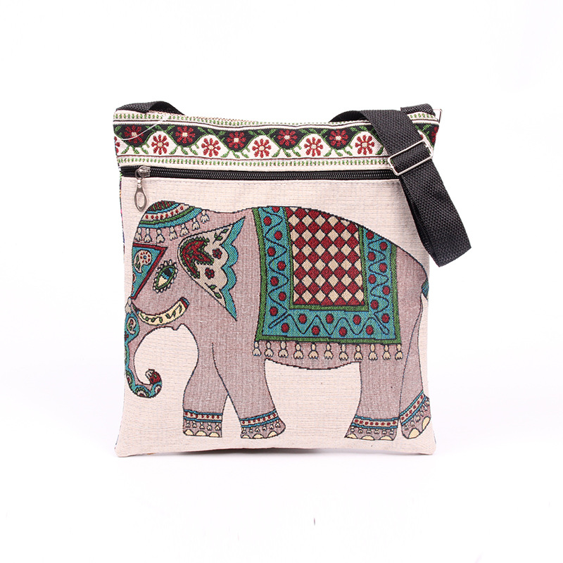 Grey Canvas Retro Elephant Embroidered Large Messenger Bag for Women