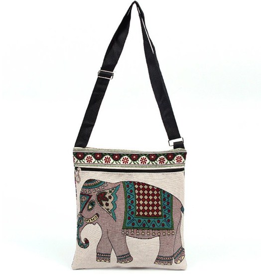 Grey Canvas Retro Elephant Embroidered Large Messenger Bag for Women