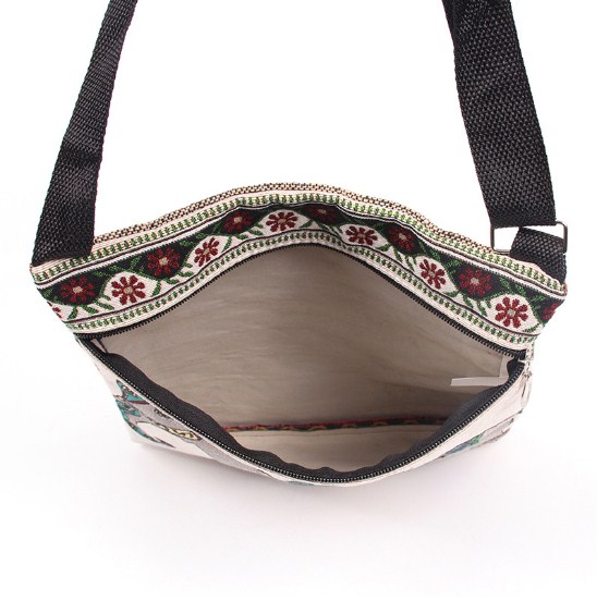 Grey Canvas Retro Elephant Embroidered Large Messenger Bag for Women